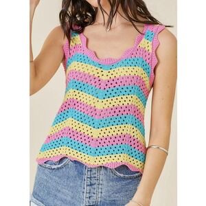 NEW Day + Moon Pink Multi‎ Colored Sweater Knit Tank Top Scalloped Sleeveless S